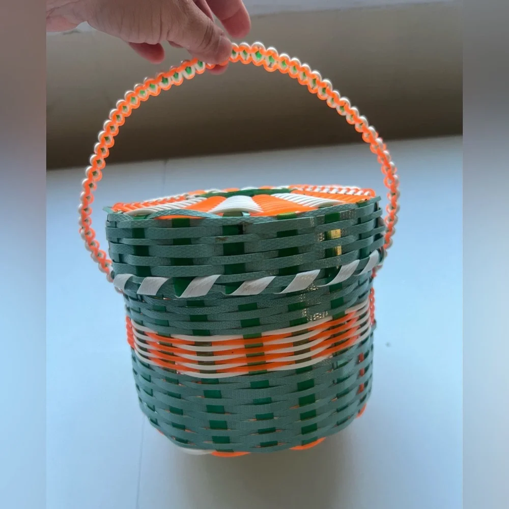 Handwoven Green, Orange & White Decorative Basket with Handle
